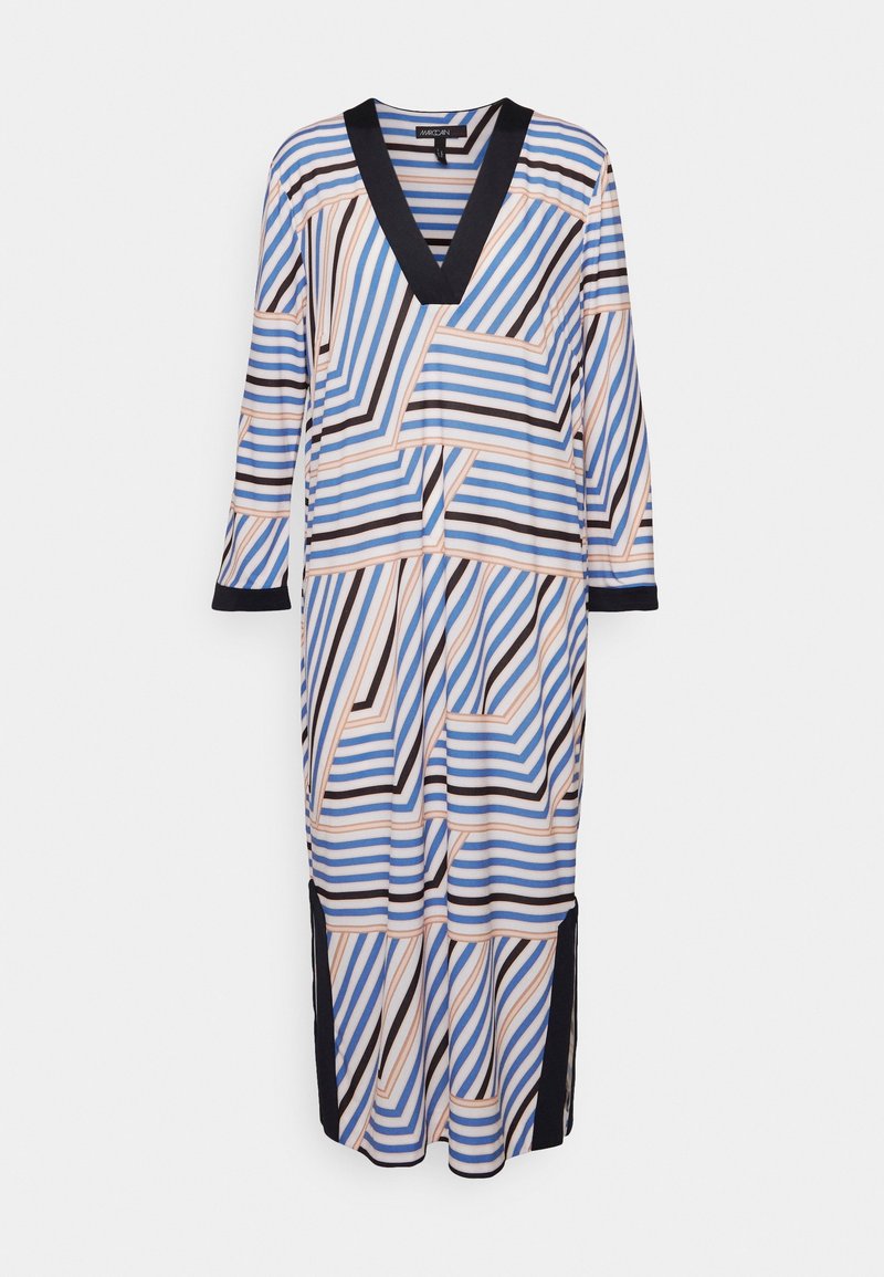 Robe à manches longues avec col en V, présentant des rayures diagonales géométriques bleues, noires et beiges, avec des bordures noires aux poignets et à l'encolure.