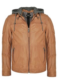 Braune Lederjacke mit grauem Kapuzen. Verfügt über einen Reißverschluss vorne, seitliche Taschen und strukturierte Schulterakzente. Glatte Oberfläche, modernes Design.