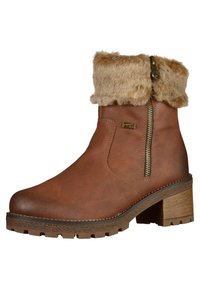 Bottine en faux cuir marron avec une finition texturée, un revers en fausse fourrure, une fermeture éclair latérale et un talon carré avec une semelle robuste.
