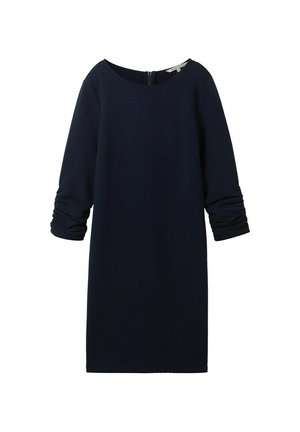 Navy blue dress with a round neckline, three-quarter sleeves, and gathered detailing at the sleeves. Made from textured fabric.