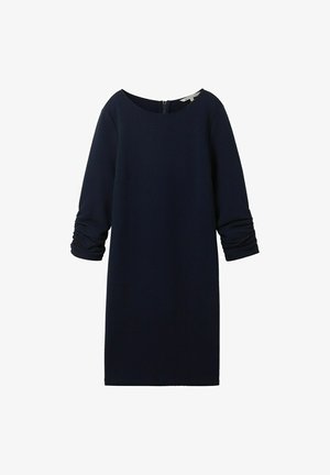 Navyblaues Kleid mit rundem Ausschnitt, dreiviertel Ärmeln und gerafften Details an den Ärmeln. Aus strukturiertem Stoff gefertigt.