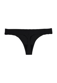 String noir en dentelle avec une taille élastique lisse et un design avant en forme de V. Présente des bords sans coutures pour une visibilité minimale sous les vêtements.