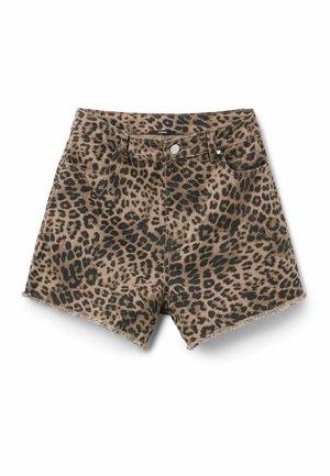 Shorts di denim con stampa leopardata, orli sfrangiati, chiusura frontale con bottoni e stile a cinque tasche in tonalità marroni e nere.