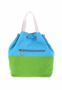Sac cabas bleu et vert avec poignées blanches, poche zippée à l'avant et fermeture à cordon en haut.