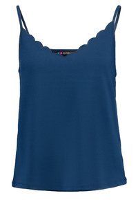 Top da donna senza maniche blu con scollatura ondulata e sottili spalline, realizzato in tessuto testurizzato.