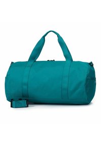Borsa a tracolla color teal realizzata in tessuto resistente, dotata di manici a doppio tote, una tracolla rimovibile e una tasca laterale per riporre oggetti.