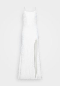 Vit paljetter aftondress med tunna spagettiband, åtsittande midja och hög slits på vänster sida. Slät, texturerad yta.