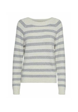 Gestreifter Pullover in Creme und Hellgrau. Weicher Strickstoff, weiter Ausschnitt und lange Ärmel. Gerippte Bündchen und Saum. Subtile Textur durch das Strickmuster.