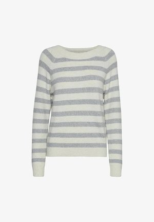 Striped sweater in cream and light gray. Soft knit fabric, wide neckline, and long sleeves. Ribbed cuffs and hem. Subtle texture from knit pattern.