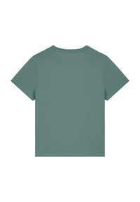 Korte mouwen t-shirt van zachte, textuurstof, met een ontspannen pasvorm en ronde halslijn, weergegeven in een gedempte groene kleur.