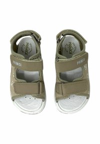 Sandali per bambini color beige chiaro con cinturini in velcro, suole in gomma testurizzata e dettagli bianchi. Materiale leggero per il massimo comfort.