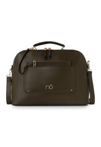 Zielona oliwkowa skórzana torebka o zaokrąglonym kształcie, z metalowymi akcentami w kolorze złotym, przednią kieszenią na zamek i podwójnymi uchwytami. W komplecie regulowany pasek na ramię.