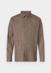 Πουκάμισο μακρυμάνικο με κουμπιά, καφέ με πιτσιλιές, σχέδιο με γιακά, μαλακή υφή, πέντε κουμπιά μπροστά, στρογγυλή άκρη.