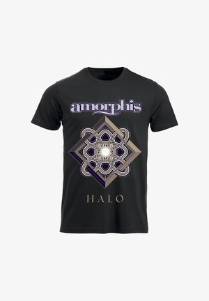 Sort bomulds t-shirt med et geometrisk design og et centralt solmotiv. "amorphis" er trykt i lilla ovenfor og "HALO" i guld nedenfor.
