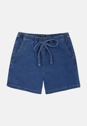Shorts in denim blu scuro con vita elasticizzata e cordino. Presentano due tasche laterali e una linea dritta con orli cuciti.