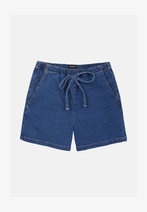 Shorts in denim blu scuro con vita elasticizzata e cordino. Presentano due tasche laterali e una linea dritta con orli cuciti.
