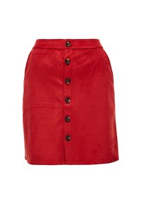 Gonna button-up in suede rossa con vita aderente, presenta sei bottoni scuri sul davanti, texture liscia e orlo dritto.