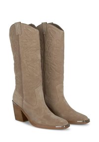 Botas de vaquero de ante color beige con patrones florales en relieve, punteras puntiagudas y tacones apilados. Presentan punteras de metal plateado y lengüetas para tirar.