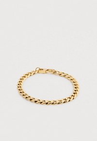 Goldfarbener Gliederarmband mit ineinandergreifenden Gliedern und einem sicheren Verschluss. Glatte Textur mit polierter Oberfläche.