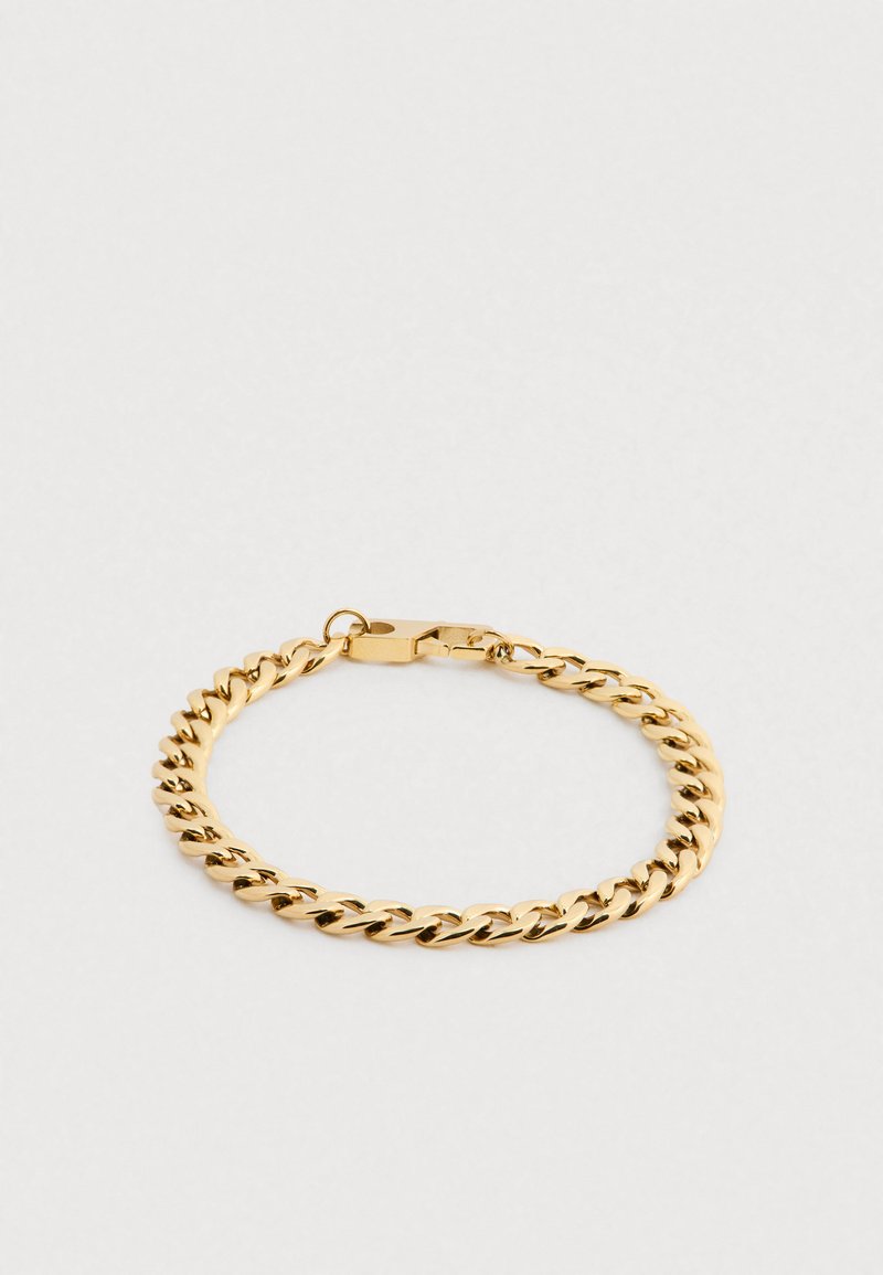 Goldfarbener Gliederarmband mit ineinandergreifenden Gliedern und einem sicheren Verschluss. Glatte Textur mit polierter Oberfläche.