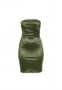Φόρεμα χωρίς τιράντες από σατέν σε ελιά πράσινο, με εφαρμοστή σιλουέτα, ραβδωτή υφή και λεία επιφάνεια, μήκους μέχρι το μέσο του μηρού.