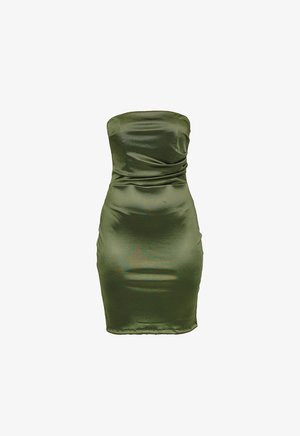 Olive green satin strapless dress with a fitted silhouette, ruched texture, and smooth finish, reaching mid-thigh in length.