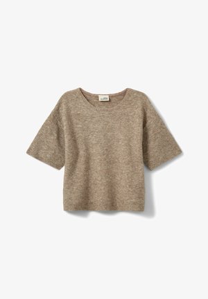 Maglione a maniche corte lavorato a maglia in marrone chiaro, caratterizzato da una vestibilità comoda, scollo rotondo e una texture morbida. Design semplice senza motivi visibili.