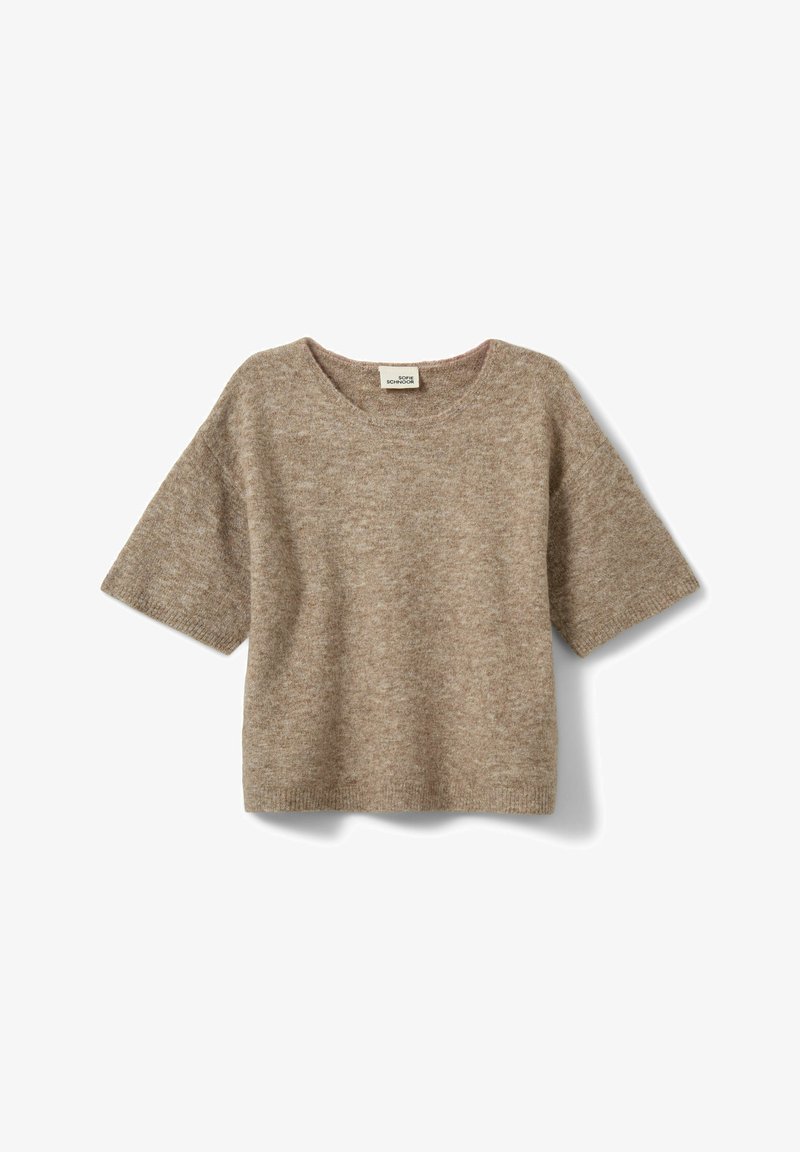 Gestrickter Kurzarm-Pullover in hellbraun, mit einer lässigen Passform, rundem Ausschnitt und weicher Textur. Einfaches Design ohne sichtbare Muster.