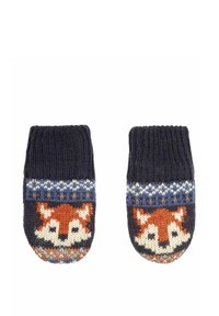 Strickhandschuhe mit einem navyblauen Grund, die ein Fuchsdesign in Orange und Creme zeigen, akzentuiert mit bunten Mustern nahe den Bündchen.