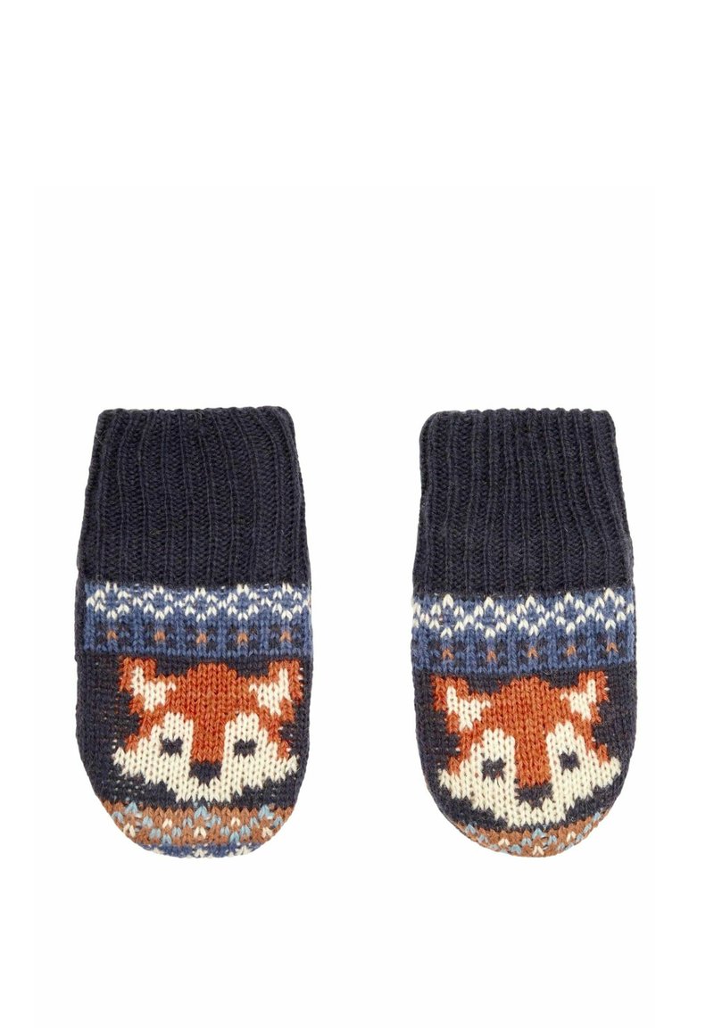 Strickhandschuhe mit einem navyblauen Grund, die ein Fuchsdesign in Orange und Creme zeigen, akzentuiert mit bunten Mustern nahe den Bündchen.