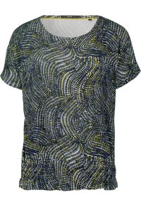 Blouse à manches courtes avec encolure ronde, présentant un motif de vagues pointillées superposé en bleu marine, blanc et vert olive.