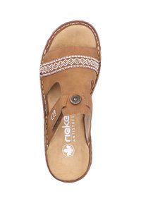 Brown leather sandal with decorative white stitching, adjustable strap, and cut-out sides. Features cushioned insole and branded logo.