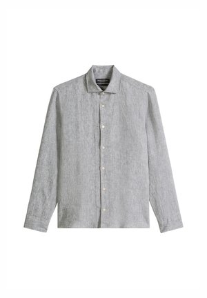 Jasnoszara, długorękawowa koszula na guziki z kołnierzykiem, wykonana z teksturowanej tkaniny, ułożona na płasko z zapiętymi guzikami, metka widoczna wewnątrz kołnierzyka.