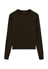 Pull marron foncé à manches longues avec col rond, col et poignets côtelés, design simple et ourlet droit.