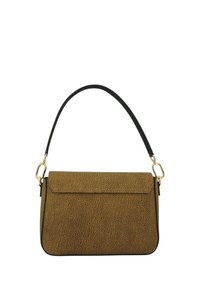 Borsa marrone texturizzata con chiusura a patta, manico nero e dettagli in metallo dorato. Presenta una forma rettangolare e una fodera liscia.