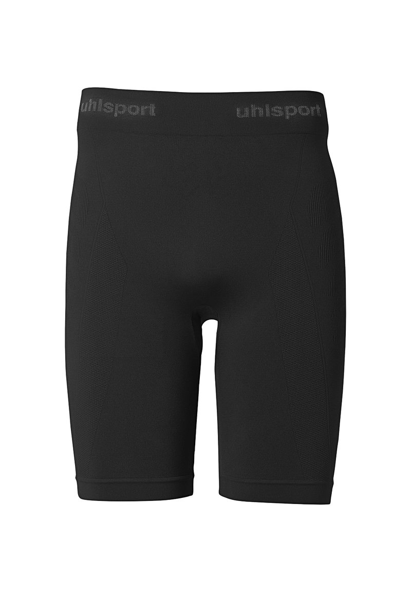 Shorts de sport noirs avec une coupe ajustée, une taille élastique portant le logo de la marque, des panneaux latéraux texturés et un tissu lisse.
