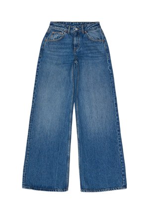 Wide-leg blue denim jeans with a high waist, featuring a front button closure, contrasting orange stitching, and classic five-pocket design.