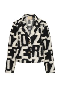 Svart och vit, mönstrad ullblandad blazer med snibbkrage, tvåknappslås och en lätt texturerad yta.