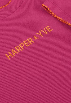 Fuchsia ribbed fabric top featuring a scalloped orange neckline. "HARPER & YVE" is embroidered in orange thread on the front.