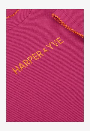 Fuchsia ribbed fabric top featuring a scalloped orange neckline. "HARPER & YVE" is embroidered in orange thread on the front.
