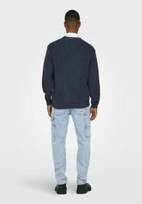 Marineblauwe geribbelde gebreide sweater met een ronde hals en lange mouwen, gecombineerd met lichtblauwe cargobroeken en zwarte schoenen, gezien vanuit de achterkant.