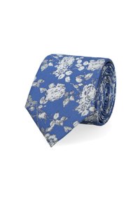 Niebieski krawat w kwiatowy wzór w bieli i szarości. Wykonany z gładkiego materiału, z zakończeniem w szpic i zwijanym designem do przechowywania.