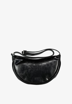 Sac d'épaule en cuir noir de forme croissante, texture lisse et motif marbré subtil. Dispose d'une sangle réglable unique et d'une fermeture éclair.