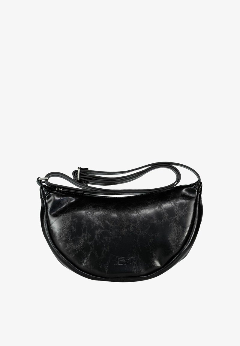 Sac d'épaule en cuir noir de forme croissante, texture lisse et motif marbré subtil. Dispose d'une sangle réglable unique et d'une fermeture éclair.
