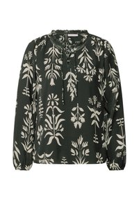 Dunkelgrüne Bluse mit langen Ärmeln, mit einem floralen weißen Muster. Geraffter Ausschnitt mit einer Bindeschleife, weicher Textilstruktur.