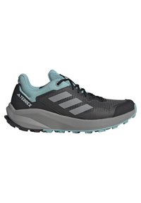 Chaussure de sport noire et turquoise avec des accents gris, tige en maille, semelle en caoutchouc texturée et trois bandes diagonales sur le côté.