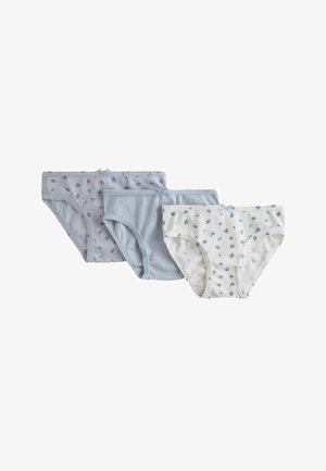 Tres braguitas de algodón para mujer en azul claro, azul con pequeñas flores y blanco con patrones florales azules, cada una con pequeños lazos decorativos.