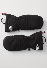 Luvas isoladas pretas com franzido elástico, cordão ajustável e um logótipo branco. Apresentam um tecido liso e resistente à água.