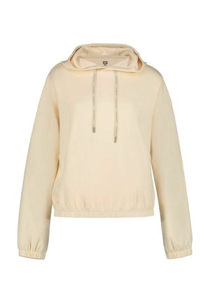 Cream-colored hoodie with long sleeves, drawstring hood, elastic cuffs, and elastic hem displayed on a plain white background.