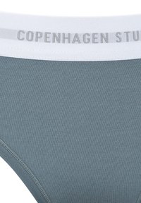 Baumwollmischung Unterwäsche in gedämpftem Teal mit einem weißen elastischen Bund, der "COPENHAGEN STUD" in Hellgrau aufgedruckt hat. Glatte Textur.